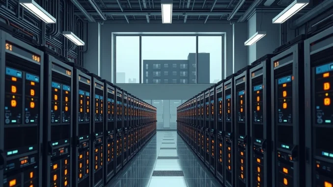 Industrial Bitcoin mining data center with rows of ASIC rigs, representing the network's computational power and miner pressure.