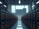 Industrial Bitcoin mining data center with rows of ASIC rigs, representing the network's computational power and miner pressure.