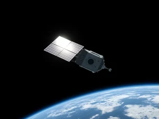 Satellite for Bitcoin mining in space orbiting Earth with deployed solar panels.