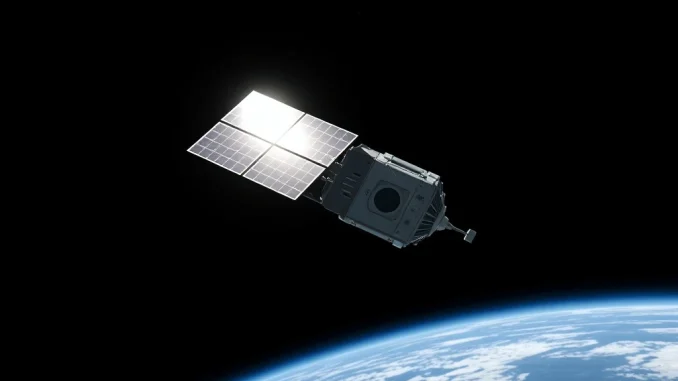Satellite for Bitcoin mining in space orbiting Earth with deployed solar panels.