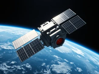 Illustration of a satellite mining Bitcoin in Earth orbit for the Starcloud startup mission.