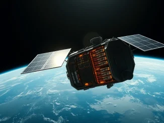 Satellite with Bitcoin mining hardware in orbit, illustrating Starcloud's space data center concept for cryptocurrency operations.