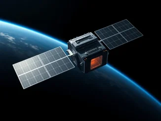 Satellite for Bitcoin mining in space by Starcloud, showing solar panels and compute modules in Earth orbit.