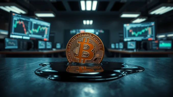 Bitcoin coin in crude oil representing cryptocurrency and commodity price relationship