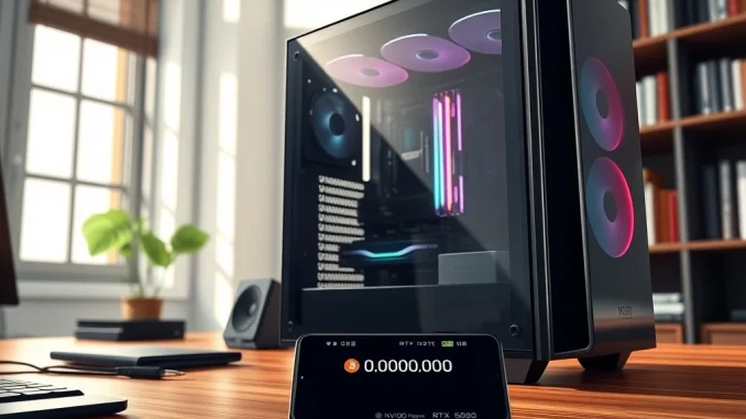 A high-end gaming PC used for Bitcoin mining in 2026, showing internal graphics card and mining software dashboard.