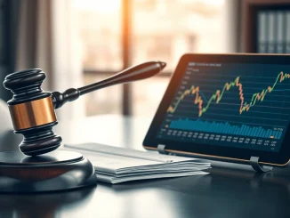 A gavel and legal documents next to a cryptocurrency market chart on a tablet.