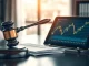 A gavel and legal documents next to a cryptocurrency market chart on a tablet.