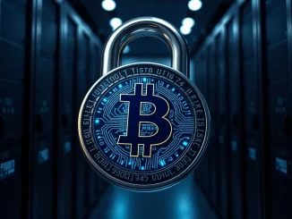 Bitcoin post-quantum security symbolized by digital padlock with internal quantum circuits