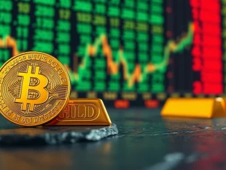 Bitcoin coin and gold bar representing market movements after Federal Reserve interest rate decision.