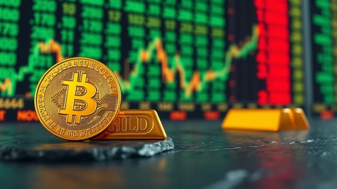 Bitcoin coin and gold bar representing market movements after Federal Reserve interest rate decision.