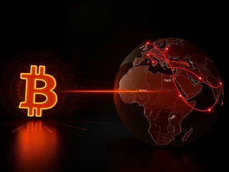Bitcoin coin and global map illustrating the connection between cryptocurrency prices and G7 energy policy decisions.