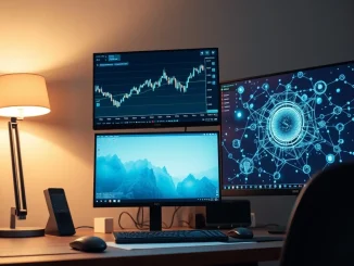A trading desk monitor showing Bitcoin price chart and AI network data.