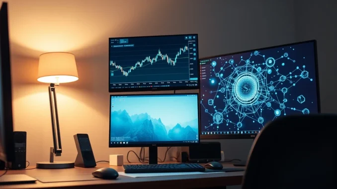 A trading desk monitor showing Bitcoin price chart and AI network data.