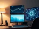 A trading desk monitor showing Bitcoin price chart and AI network data.