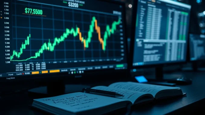 Bitcoin price chart showing a rally to $74,500 on a trading desk monitor.