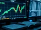 Bitcoin price chart showing a rally to $74,500 on a trading desk monitor.