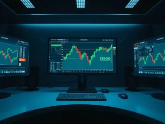 Bitcoin price chart showing a surge toward $75,000 on a trading desk monitor.