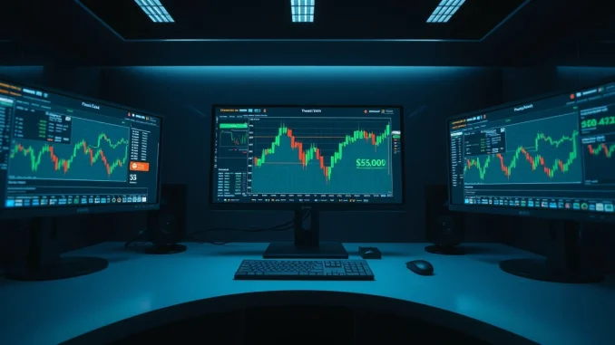 Bitcoin price chart showing a surge toward $75,000 on a trading desk monitor.
