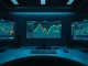 Bitcoin price chart showing a surge toward $75,000 on a trading desk monitor.