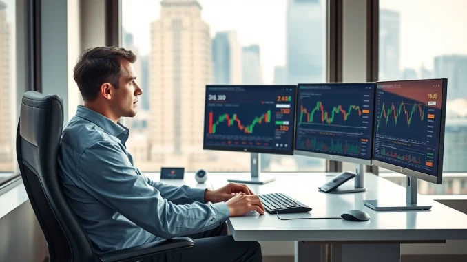 Professional trader analyzing Bitcoin price charts and market data for cryptocurrency investment insights.