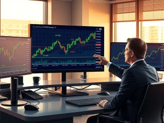 Bitcoin price analysis showing trading desk with cryptocurrency market charts and $72,000 level marked