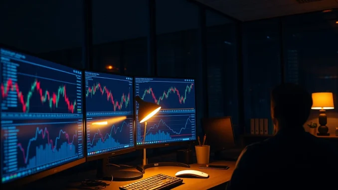 Bitcoin price chart analysis on a trading desk monitor