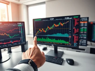 Bitcoin market analysis showing price chart approaching $72,000 liquidity zone with trading desk monitors displaying cryptocurrency data