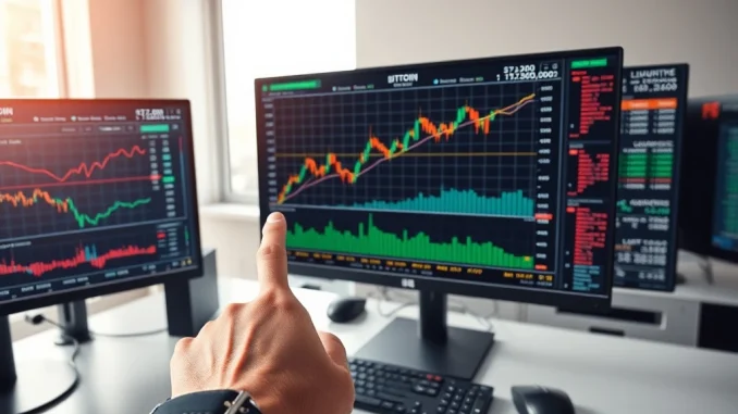 Bitcoin market analysis showing price chart approaching $72,000 liquidity zone with trading desk monitors displaying cryptocurrency data