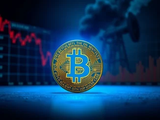 Bitcoin coin stands resilient amid symbolic market turmoil and oil shock, representing price stability.