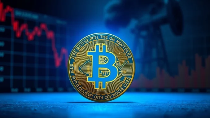 Bitcoin coin stands resilient amid symbolic market turmoil and oil shock, representing price stability.