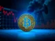 Bitcoin coin stands resilient amid symbolic market turmoil and oil shock, representing price stability.