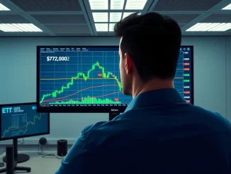 Bitcoin price analysis showing $72,000 liquidity sweep and potential market correction on trading desk monitors