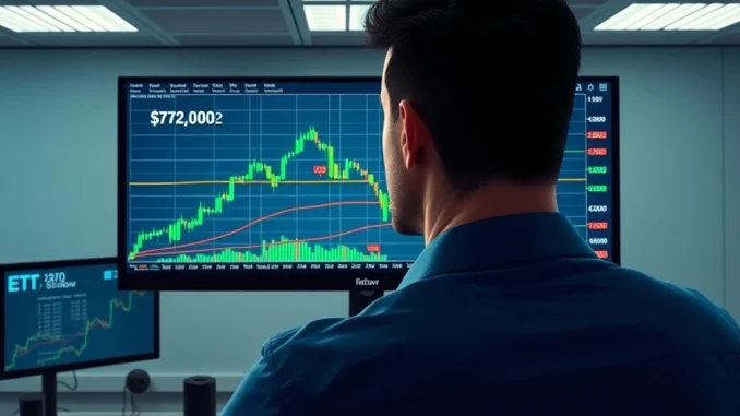 Bitcoin price analysis showing chart with liquidity clusters at $72,000 and potential dip below $70,000 on trading monitor