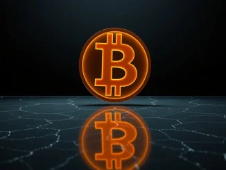 Bitcoin symbol on cracking surface representing price support testing and market volatility.