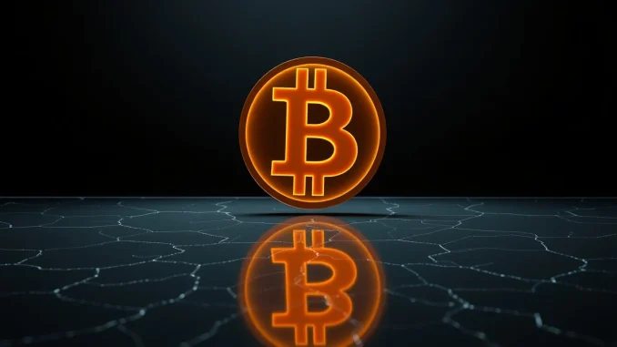 Bitcoin symbol on cracking surface representing price support testing and market volatility.