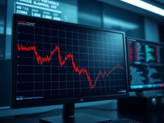 Bitcoin price drops shown on a financial dashboard graph with a sharp red decline for BTC/USD.