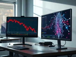 Bitcoin price news analysis showing BTC chart decline alongside AI and meme coin speculation on trading desk monitors.