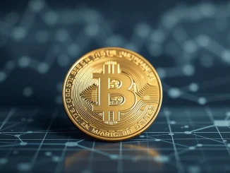 Bitcoin coin with financial data background representing cryptocurrency market analysis and price prediction.