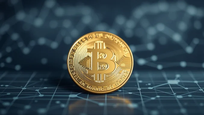 Bitcoin coin with financial data background representing cryptocurrency market analysis and price prediction.