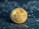 Bitcoin coin with financial data background representing cryptocurrency market analysis and price prediction.