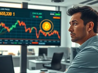 Professional trader analyzing Bitcoin price chart showing volatility and key support levels.