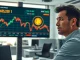 Professional trader analyzing Bitcoin price chart showing volatility and key support levels.