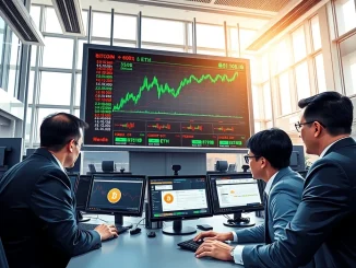 Professional traders analyzing Bitcoin and cryptocurrency price movements on trading floor monitors during market surge.