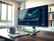 Bitcoin and stock market price analysis charts on trading desk with oil price data