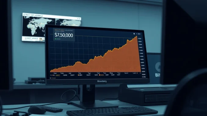 Bitcoin price chart surging above $71,000 on a trading terminal amid US-Iran geopolitical news.