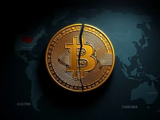 Bitcoin Q1 2026 crash symbolized by a fractured Bitcoin coin against a global tension map.