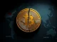 Bitcoin Q1 2026 crash symbolized by a fractured Bitcoin coin against a global tension map.