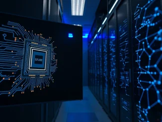 Split image showing a quantum computer chip and AI server rack, representing Bitcoin security and new AI token.