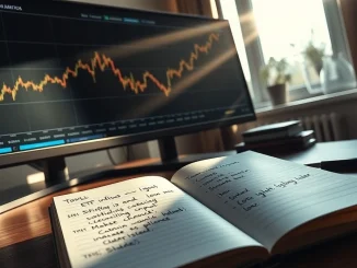 Analyst's desk with monitor showing Bitcoin price chart trending upward.