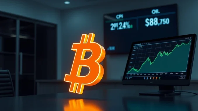 Bitcoin price rebound analysis with US CPI data and oil market trends on financial trading screens.